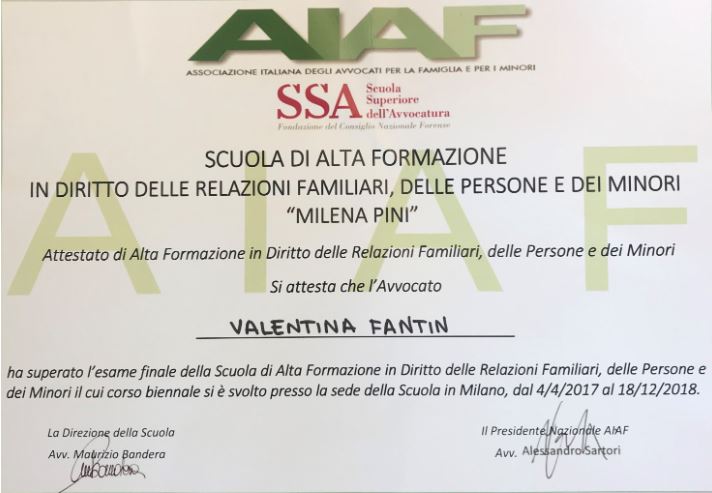 Attestato Avvocatura Valentina Fantin